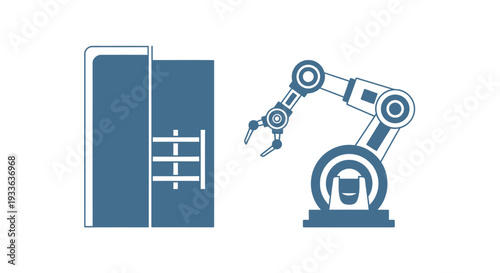 Industrial robot arm next to a large blue cabinet.