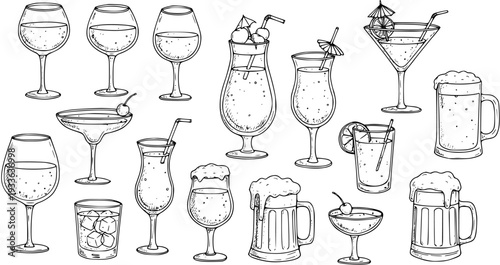 Hand-Drawn Drinks Illustration: Wine, Cocktails  Beer Sketch