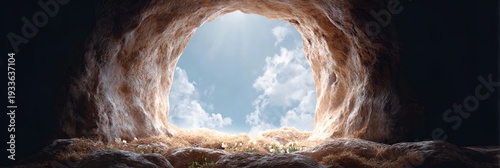 Empty tomb of Jesus with blue sky and sun rays visible