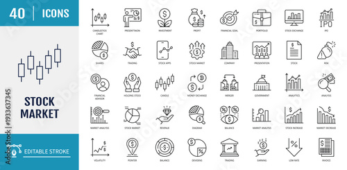 Stock market icon set. Includes stocks, stock exchange, financial goal, shares, bear market, and more. Outline Icon Set. Vector illustration with Editable stroke