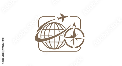 Global Travel and Navigation Emblem with Airplane and Compass.