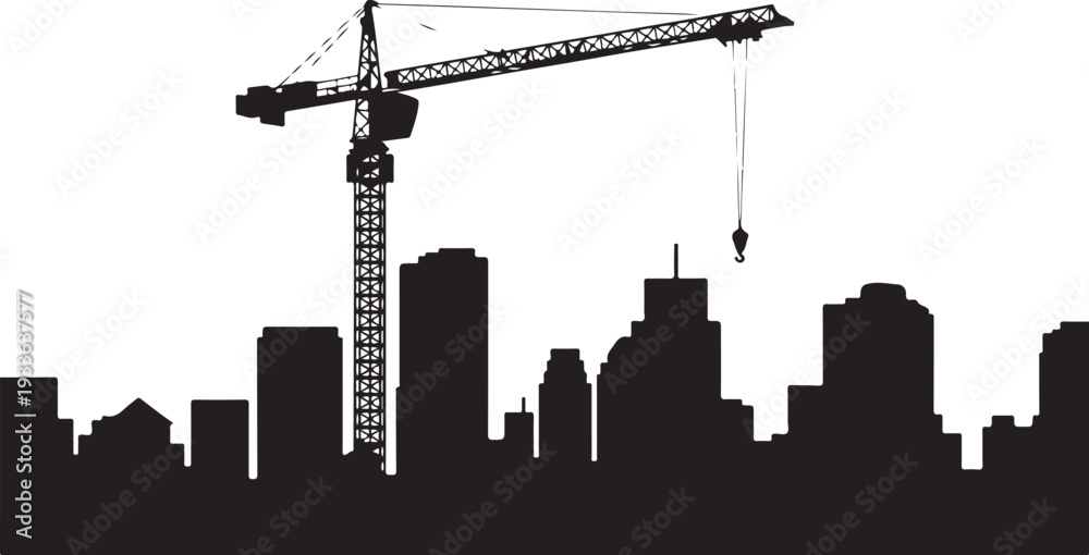 Obraz premium Black silhouette city skyline with construction crane