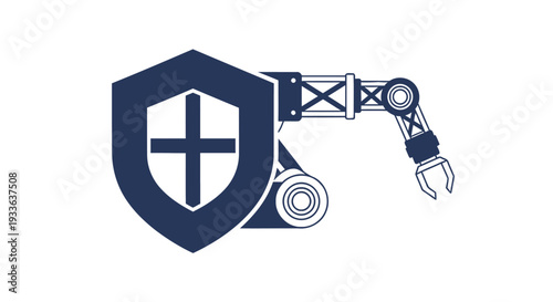 Industrial robot arm protected by a shield symbol.
