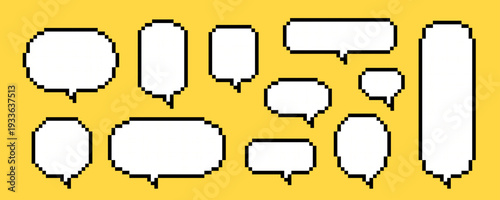 Blank pixel text box set. Empty pixelated chat frame collection. Retro 8 bit border shape pack for speach box bubble, message cloud, communication dialog, talk balloon. Vector illustration bundle