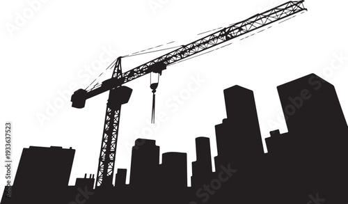 Black silhouette city skyline with construction crane