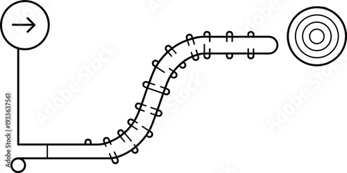 Roller coaster track line icon with direction arrow and target symbol, amusement park ride concept flat vector illustration isolated on white background