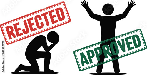 Approved and rejected concept vector illustration, business decision acceptance and denial stamp with silhouette figures isolated on white background