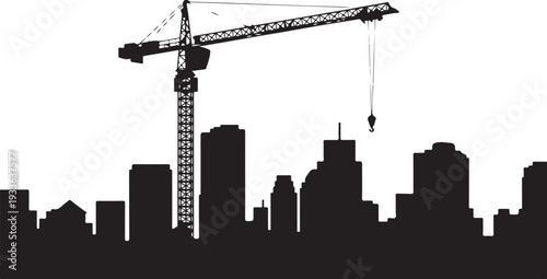Black silhouette city skyline with construction crane