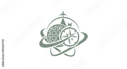 Global Travel and Navigation Emblem with Compass and Airplane.