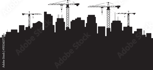 Black silhouette city skyline with construction cranes