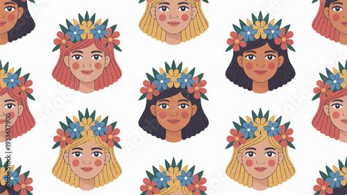 Diverse women with floral headbands smiling and looking around seamless pattern on white background