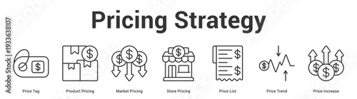 Pricing Strategy web banner icon set vector illustration concept for business with icon of Price Tag, Product Pricing, Market Pricing, Store Pricing, Price List, Price Tre.
