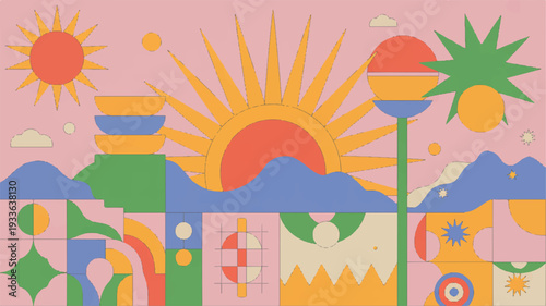 Vibrant abstract landscape with sunset palm tree and geometric shapes on pink background evoking a sense of serenity and joy perfect for design projects