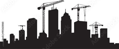 Black silhouette city skyline with construction cranes