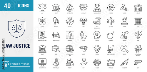 Law and justice icon set. Includes Law, judgement, justice, court legal, lawyer, criminal, and more. Outline Icon Set. Vector Illustration with Editable Strokes