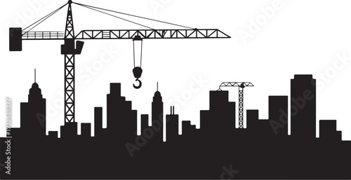 Black silhouette city skyline with construction cranes