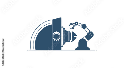 Industrial robot arm working with large machinery gears.
