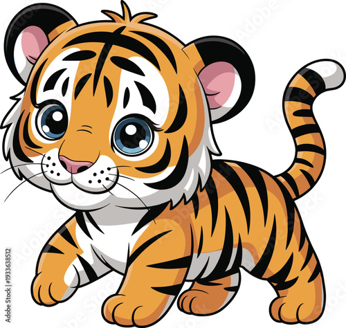 Cute cartoon baby tiger character vector illustration, adorable wild animal cub isolated colorful design for children book, nursery decor and sticker