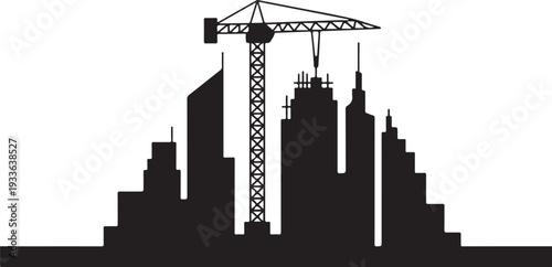 Black silhouette cityscape with construction crane