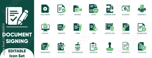 Document Signing Solid Icon Set. compliance, deal, document, icon, authority, certificate, law ,and solid vector icons.