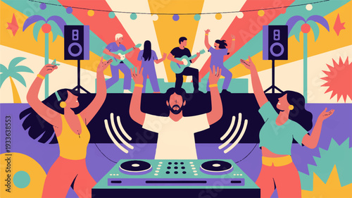 Vibrant festival crowd dancing at a lively music event with dj colorful lights and tropical background