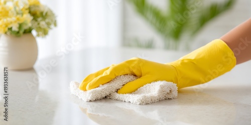 Hand wipes table with clean cloth and yellow glove