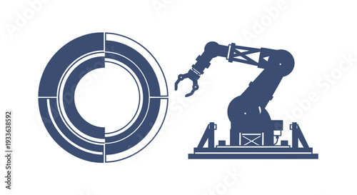 Industrial robotic arm and abstract circular graphic.