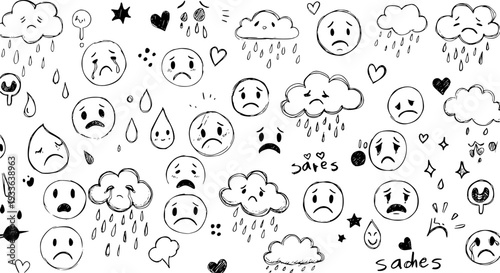 Sad Mood Doodles: Seamless Pattern of Hand-Drawn Crying Faces, Rain Clouds, Hearts, and Stars on White Background