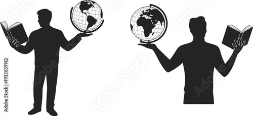 Man holding book and globe silhouette vector illustration, global education knowledge concept isolated black student learning world geography on white background