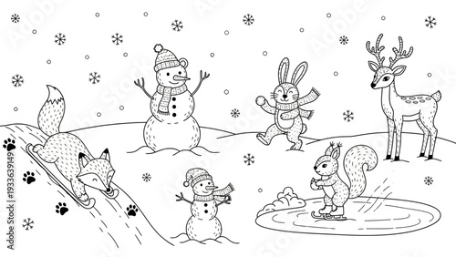 Cartoon Animals Playing in Snow.
