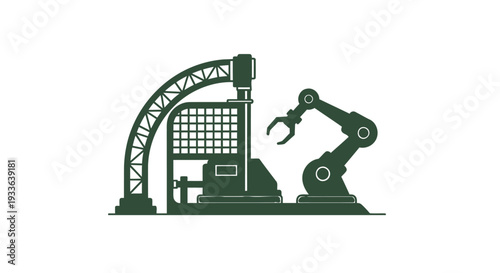 Industrial robotic arm and automated manufacturing plant illustration.
