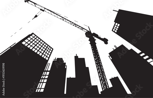 Black silhouette cityscape with construction crane and buildings