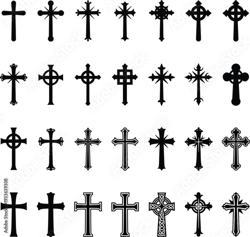 Christian cross silhouettes collection, vintage and decorative crucifix icon set isolated on white background, religious symbol shapes for church logo, tattoo, engraving and branding design