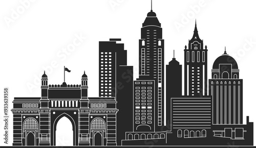 Mumbai India skyline silhouette with Gateway of India landmark, modern skyscrapers cityscape vector illustration, black and white urban architecture isolated background design