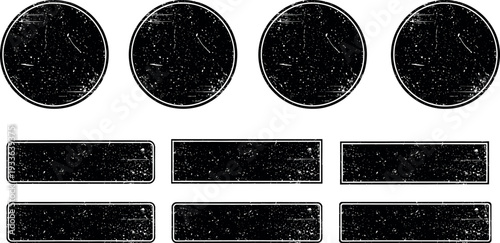 Grunge Black Badge and Label Icon Set with Distressed Circle and Rectangle Shapes for Vintage Stamp and Retro Branding Design