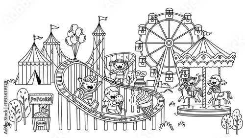 Amusement Park Cartoon Illustration Scene.