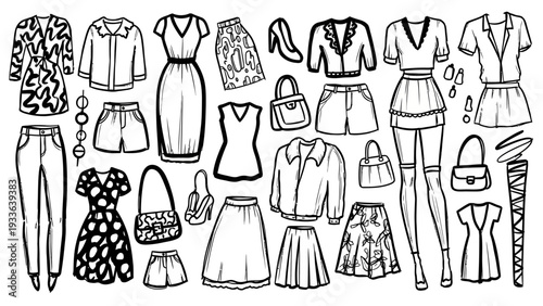 Fashion Clothing Accessories Hand Drawn Illustrations.