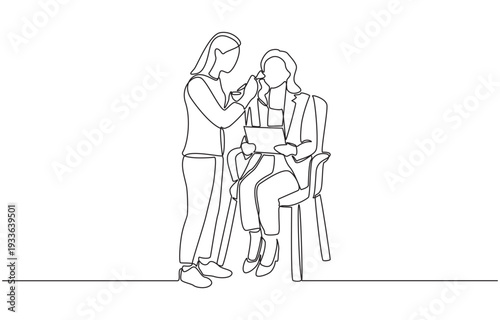 Continuous one line drawing of makeup artist applying makeup to female host who reading a script, preparation in a media or broadcast setting concept, single line art.