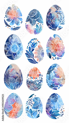 Beautiful watercolor easter eggs adorned with intricate floral patterns in serene blue and pink hues, perfect for festive decorations and spring celebrations