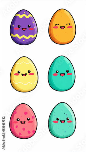 Collection of Six Adorable Cartoon Easter Eggs with Happy Faces and Vibrant Colors on White Background