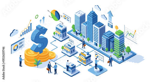 Isometric illustration of business growth with finance charts and cityscape infrastructure development