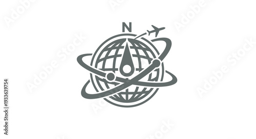 Global travel compass with airplane and orbits.