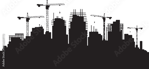 Black silhouette cityscape with construction cranes