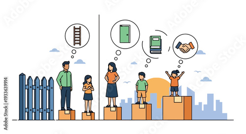 People standing on blocks thinking about ideas and progress in a business setting from a straightforward viewpoint