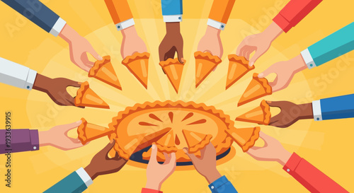 Diverse hands sharing slices of pie in a vibrant, celebratory atmosphere from a top-down viewpoint