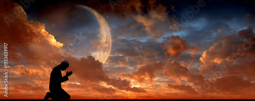 “Muslim man prayer silhouette moon sky night worship faith crescent moon cloud sunset spiritual meditation alone”