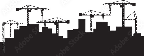 Black silhouette cityscape with construction cranes