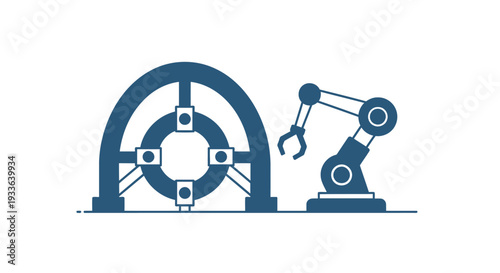 Industrial robotic arm and manufacturing machinery illustration.