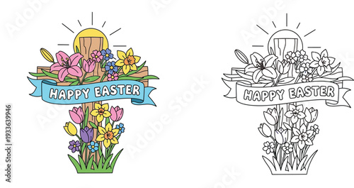 Happy Easter wooden cross with spring flowers and banner. Colored and black line art coloring page vector illustration.