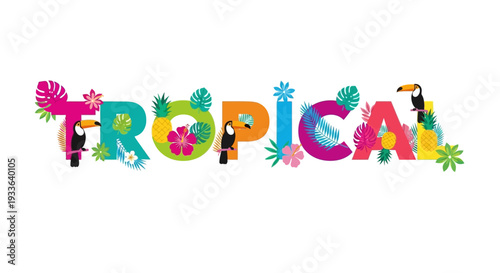 Vibrant Tropical Illustration Featuring Exotic Plants and Birds in a Colorful Display